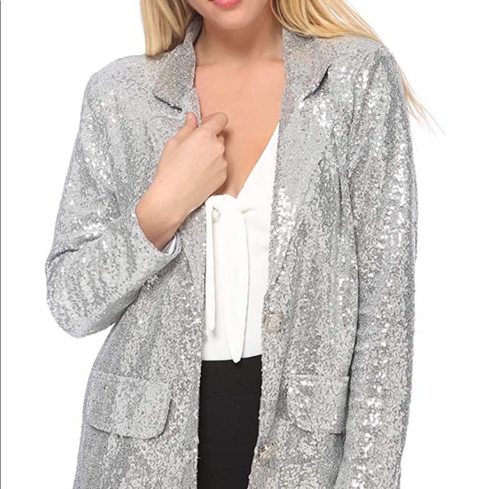 Silver Sequins Long-Sleeve Blazer Jacket